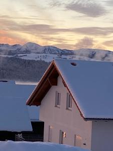 una casa cubierta de nieve con montañas en el fondo en Alex Bergblick, en Scheidegg