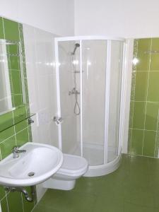 y baño con ducha, aseo y lavamanos. en Gostilna pri Dragici, gostilna s prenočišči, d.o.o., en Sežana