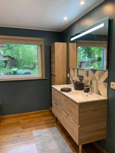 a bathroom with a sink and a mirror and a window at Le Soleil Couchant/Chambre d'hôtes in Givet