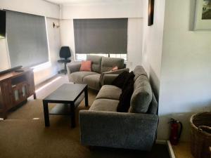 a living room with a couch and a table at Hirangi cottage in Turangi