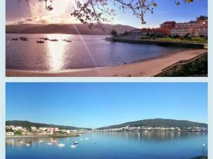 dos fotos de un río con barcos en el agua en Hotel Corcubión Playa de Quenxe en Corcubión
