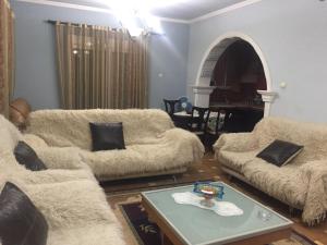 Sala de estar con 2 sofás y mesa en Vila Ridvani, en Korçë