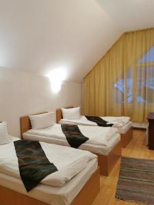 three beds in a room with a window at PENSIUNEA HORA in Braşov