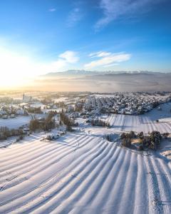 an aerial view of a city in the snow at Zajazd Czorsztyński in Maniowy
