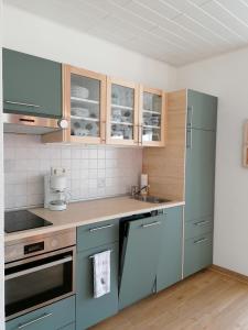 uma cozinha com electrodomésticos verdes e armários de madeira em Ferienwohnung Dr. Vera Schmidt em Kreischa