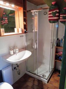 een badkamer met een douche en een wastafel bij Kallmuth Cottage in Kallmuth