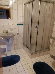 a bathroom with a shower and a sink and a toilet at Ferienwohnung Fahrner in Baiersbronn