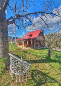 a swing hanging from a tree in front of a house at Log cabin Uvac (Vikendica Saponjic) in Nova Varoš