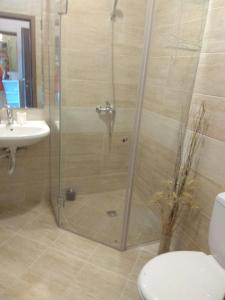 a bathroom with a shower and a toilet and a sink at студио Маргрете in Burgas City