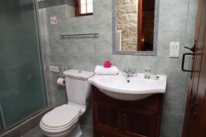 
a bathroom with a toilet, sink, and mirror at Agrovino Lofou in Lofou
