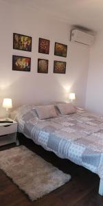 a bedroom with a large bed with pictures on the wall at Center Diamond in Târgu-Mureş