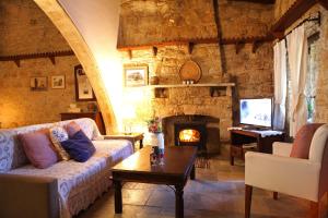 a living room with a couch and a fireplace at Agrovino Lofou in Lofou