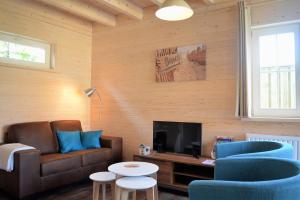 Una sala de estar con un sofá y un televisor. en OK113 Vakantiewoning Zeeduinsepoort 14A met sauna, en Oostkapelle