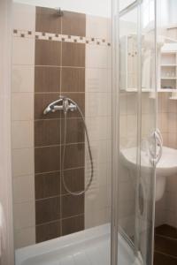 ein Bad mit einer Dusche und einem Waschbecken in der Unterkunft CLASSIC apartmány Třinec in Třinec