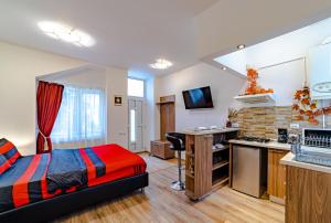 una camera d'albergo con letto e cucina di Poarta Schei Studio a Braşov