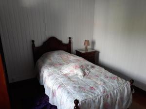 1 dormitorio con 1 cama y mesita de noche con lámpara en Casa da Tia Marina en Lajes das Flores