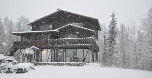 uma cabina na neve com uma carruagem puxada por cavalos em Talkeetna Chalet em Talkeetna