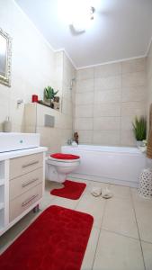 a bathroom with a white tub and a red rug at Casa Bella in Ştefăneştii de Jos