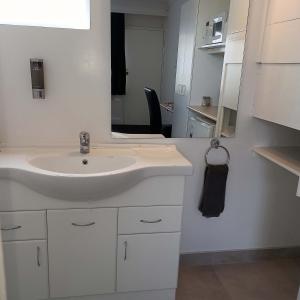 a white bathroom with a sink and a mirror at Alexander Motel in Taumarunui