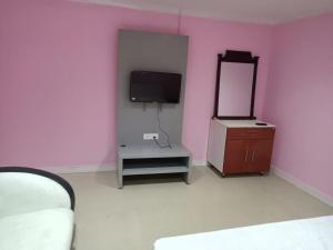 a bedroom with pink walls and a tv and a mirror at Harisuns Plaza in Attingal