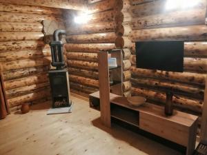 salon z piecem opalanym drewnem w drewnianym domku w obiekcie Emilijin konak w mieście Kokin Brod