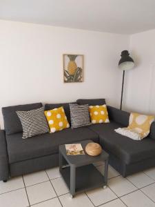 sala de estar con sofá con almohadas y mesa en Nantes - Calme & Cosy appartement - WIFI, en Nantes