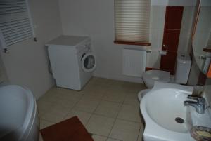 łazienka z umywalką i pralką w obiekcie Amber Cottage w Jurmale