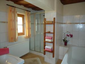 a bathroom with a shower and a tub and a sink at Leebhof in Patergassen