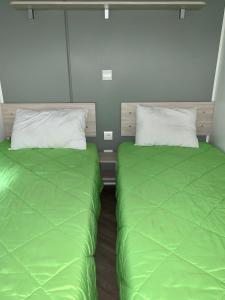 GastesにあるVacances de rêve entre pinèdes et océanの緑色のベッド2台が備わる客室です。