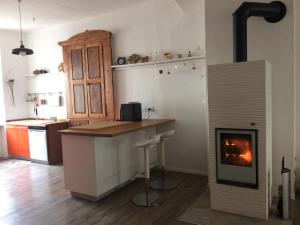 a kitchen with a fireplace and a counter with a stove at Castello Errante Bio B&B in Caldonazzo