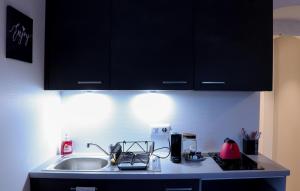 una cucina con armadi neri e lavandino di Le coin 45 a Colmar