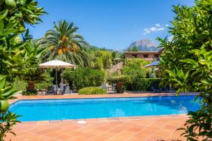 ein Pool vor einem Haus mit Bäumen in der Unterkunft Finca Ca's Curial - Agroturismo - Adults Only in Sóller