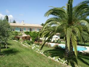 a palm tree and a house with a swimming pool at Stunning villa with heated swimming pool air conditioning and large private enclosed garden in Valbonne