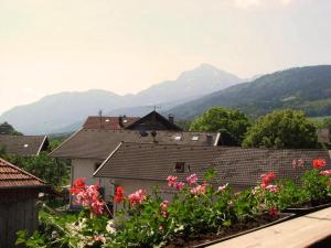 um grupo de casas com montanhas ao fundo em Haus Zaineck em Anger