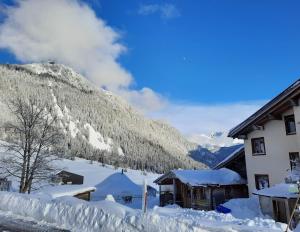 a house covered in snow in front of a mountain at Bio Yak Hof Heinz in Sufers
