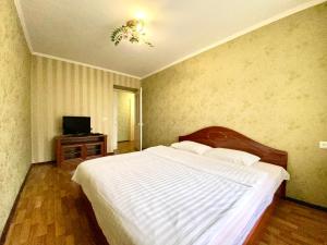 a bedroom with a large bed and a television at ApartPoltava ЦЕНТР Полтави, Простора та зручна квартира біля ПУЕТ, 2-ОКРЕМІ КІМНАТИ, звітна документація для відрядження in Poltava