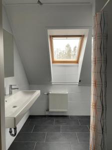 Un baño blanco con lavabo y ventana en De Boerderij - Buitenplaats Ruitenveen, privé, en Nieuwleusen 33 fotos más