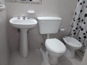 
a white toilet sitting next to a sink in a bathroom at Unsleben in Villa Carlos Paz
