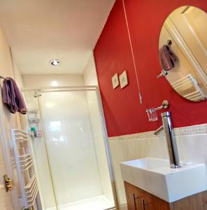 een badkamer met een douche, een wastafel en een spiegel bij Wayside B&B in Norwich
