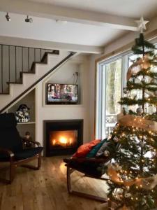 a living room with a christmas tree and a fireplace at Le Cocon Orford Domaine Cheribourg in Magog-Orford