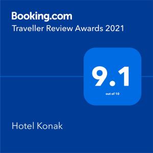 Un certificat, premiu, logo sau alt document afișat la Hotel Konak