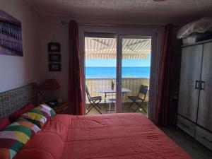 - une chambre avec un lit et une vue sur l'océan dans l'établissement Studio climatise 2 couchages, Wifi, VUE MER directement à PORTIRAGNES PLAGE LXBFM10, à Portiragnes