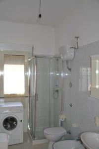 uma casa de banho com um chuveiro, um WC e uma máquina de lavar roupa em Su Muscadeddu em Tertenìa
