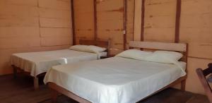 two beds in a room with wooden walls at Centro Ecoturistico Ya´ajche in Lacanjá