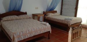 two beds in a room with blue curtains at Centro Ecoturistico Ya´ajche in Lacanjá