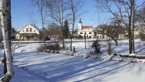 eine schneebedeckte Straße in einer Stadt mit einem Gebäude in der Unterkunft Pension "Am Schloß" in Lübben