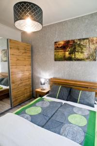 1 dormitorio con 1 cama grande y 1 lámpara en A-765 Apartman, en Szentgotthárd