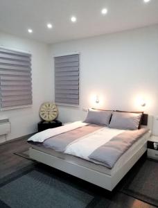 una camera da letto con un grande letto con due finestre di Apartman DIN a Travnik