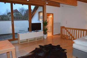 a living room with a tv and a large window at Prinz City Apartments in Neckarsulm