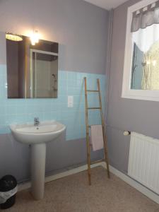 een badkamer met een wastafel, een spiegel en een ladder bij Gîte** de Pauline à Sainte Mère Église in Sainte-Mère-Église